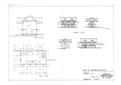 En tegning som viser etasjeplan (PLAN) og snitt (SNITT) av en liten bygning, samt fasaderisss. Tegningen inneholder mål og romfordeling.