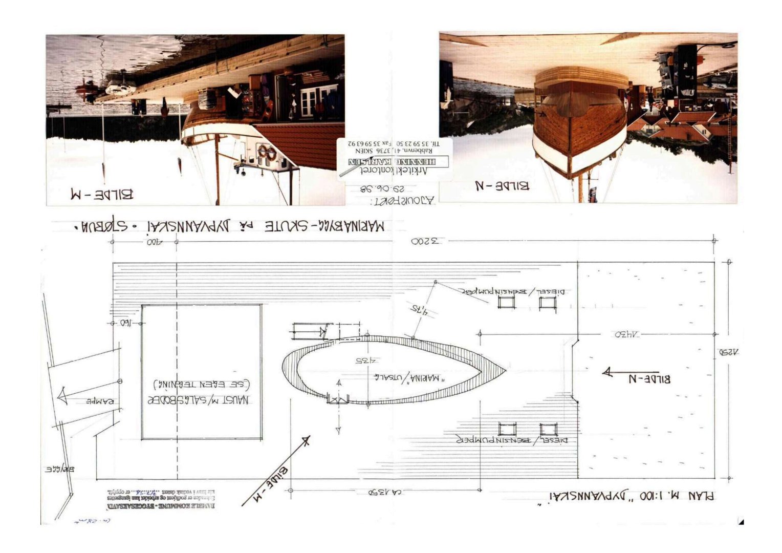 Et sammensatt bilde som viser en tegning av en havn (Dypvannskai) på venstre side, og to foton av en båthavn (Bilde-N og Bilde-M) på høyre side.