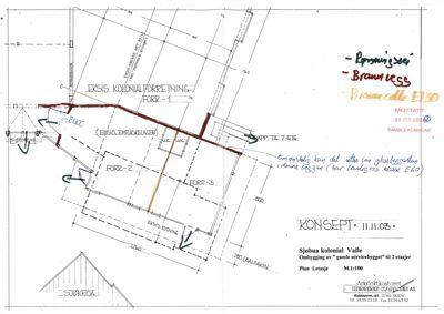 Etasjeplan (Plan 1.etasje) for Sjøbu kolonial Valle som viser romfordeling, eksisterende og nye vegger, samt mål og notasjoner.