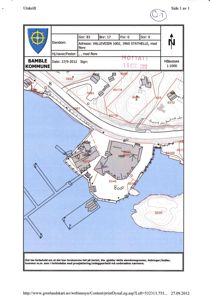 Situasjonsplan som viser eiendomsgranser, topografi og bygningsplassering for Vallevieien 1002 i Stathelle.