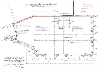 Hovedetasjeteigning for omtale av 'Gave Serviceruka' til 2. etasje, med romfordeling, mål og konstruksjonsdetaljer.