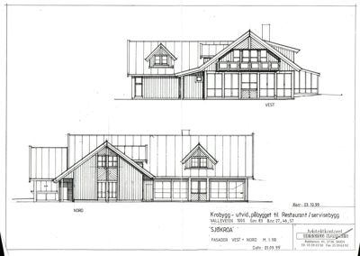 Fasadetegning som viser bygningens utsyn mot vest og nord.