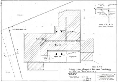 Fundamentplan for utvidelse av Krobygg til restaurant/servisebygg, med romfordeling og konstruksjonsdetaljer.