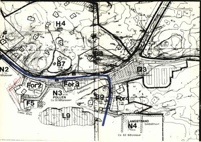 Kart over et område med båtplasser (N2, N3, N4) og omgivende terreng.