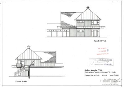 Fasadetegning som viser bygningens utseende sett fra nordvest og søroost.