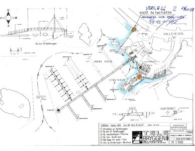Situasjonsplan som viser plassering av nye båtplasser, en ny kai og en ny bygning i forhold til eksisterende infrastruktur som Indre Havn og Vallevien.
