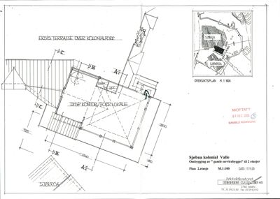 Etasjeplan (Plan 2.etasje) som viser romfordeling, dimensjoner og plassering av en eksisterende terrasse for en ombygging av Sjøbu kolonial.