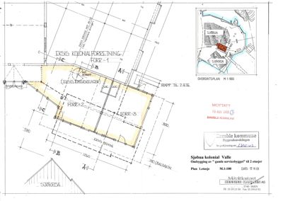 Etasjeplan (1. etasje) for en eksisterende kolonialforretning med angitte rom, mål og ombygginger.