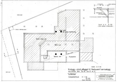 Fundamentplan for utvidelse av Krobygg (Sjøkrøa) med detaljer om nivåer, rom og snitt.