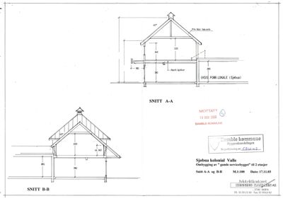 Tegning som viser tverrsnitt gjennom bygningen (Snitt A-A og Snitt B-B) med mål og konstruksjonsdetaljer.