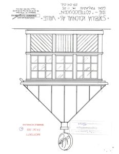 Fasadetegning (opprikk) av en bygning, sannsynligvis en kioskenhet, med håndskrevne notater om prosjektet 'GOTTEKIOSKEN' og datoen 29.04.02.
