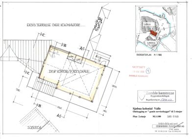 Etasjeplan (2. etasje) for en ombygging av et servicebygg, med romfordeling, dimensjoner og situasjonsplan i øvre høyre hjørne.