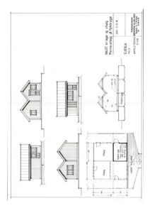 Fasadetegning med oppriss av bygning sett utenfra, inkludert detaljer om takform, vinduer og fasadebehandling.