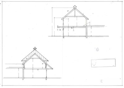 Tegning som viser tverrsnitt gjennom bygningen (Snitt A-A og Snitt B-B) med mål og konstruksjonsdetaljer.