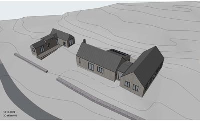 3D-visualisering (rendering) av et byggeprosjekt sett fra luften, med to bygninger plassert på et terreng med høydelinjer.