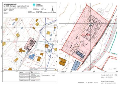 Situasjonskart som viser tomtens grenser, naboeiendommer og bygningsplassering for et tiltak.