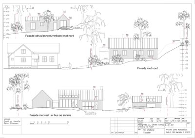Fasadetegning som viser bygningens utseende fra tre ulike vinkler (mot nord og vest) med høydemål og detaljer.