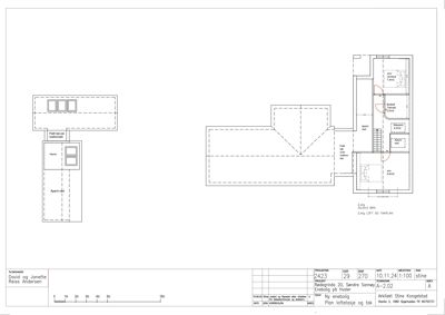 Plantegning av enebolig som viser romfordeling, etasjer og takkonstruksjon.