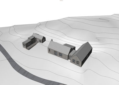 Situasjonsplan som viser to bygninger plassert på et terreng med høydekurver (konturlinjer) og en vei.