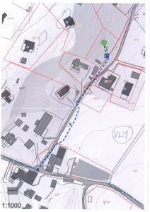 Situasjonsplan som viser tomtegrenser, topografi (konturlinjer), eksisterende bygninger, veier (Nedgårdsveien) og en planlagt rute (blå prikket linje).
