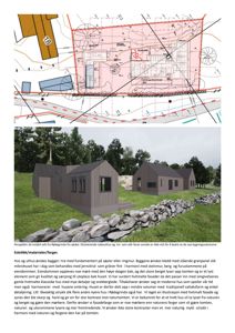 Fotografi av en 3D-modell (rendering) av et planlagt hus sett fra sørøst, inkludert eksisterende nabohus og tre.