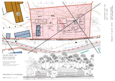 Bildet viser en situasjonsplan (tomteplan) med etasjeplan for et utbyggingsprosjekt, samt en fasadeoppriss tegning. Det er også inkludert en 3D-rendering av fasaden sett fra Rødegrinda.