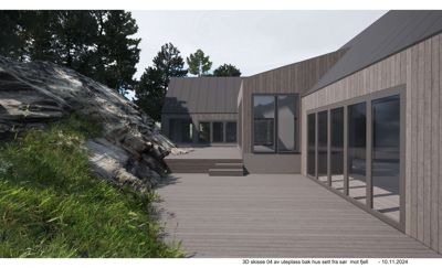 3D-visualisering av en moderne bygning sett fra uteplass bak huset, mot fjell.