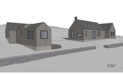 3D-visualisering av to hus med fasadebehandling, vinduer og en steinmur i forgrunnen.