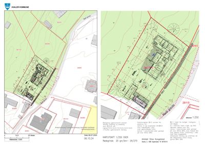 Kartutsnitt (snitt) som viser bygningens plassering i terrenget med høydemål og snittlinjer.