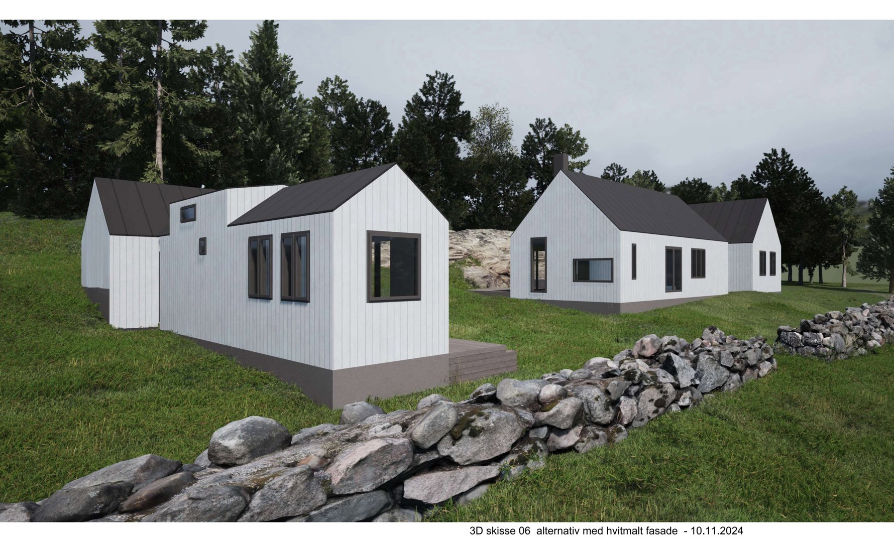 3D-visualisering av to husalternativer med hvitmalt fasade og mørke tak, plassert i et landskap med steinmur og skog.