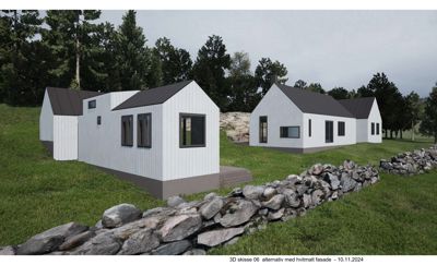 3D-visualisering av to husalternativer med hvitmalt fasade og mørke tak, plassert i et landskap med steinmur og skog.