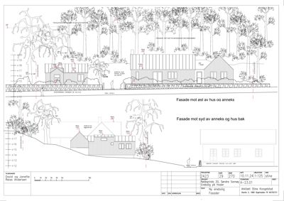 Fasadetegning som viser bygningens utseende fra øst og syd, inkludert terrengforhold og trær.