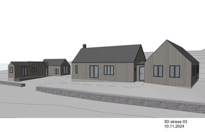 3D-visualisering (rendering) av en gruppe hus sett fra utsiden, med tekst '3D skisse 03' i hjørnet.