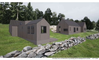 3D-visualisering (rendering) av en annekset/uthus og enebolig sett fra sørøst.