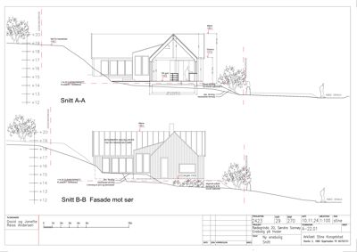 Snittegning (Snitt A-A og Snitt B-B) som viser bygningens tverrsnitt, høyder, terrengforhold og fasade mot sør.