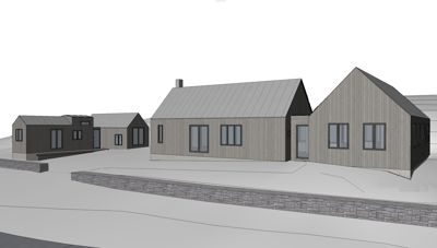 3D-visualisering (rendering) av en gruppe boliger sett fra siden, med visuell fremstilling av fasade, tak og grunnmur.