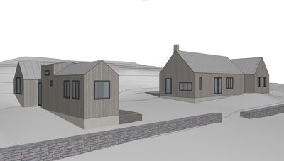 3D-visualisering av en boligbebyggelse med fasader, tak og grunnmur.