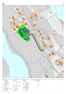Situasjonsplan som viser etasjeplaner (grønne og blå blokker) i forhold til terrenget, eksisterende bebyggelse (oransje blokker), veier og topografi.