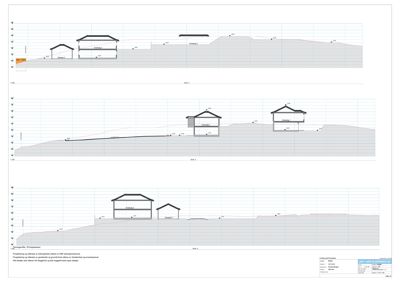 Snittegning som viser bygningenes høyde i forhold til terrenget og grunnvannsnivået.