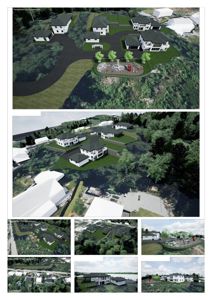 En samling av 3D-visualiseringer (renderinger) som viser ulike perspektiver på et boligprosjekt, inkludert etasjeplaner, fasader og situasjonsvisninger.