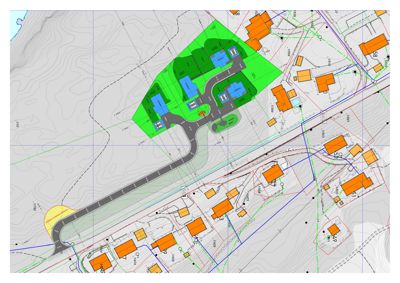 Situasjonsplan som viser tomtens plassering i forhold til nabolag, veier, høydeforhold (konturlinjer) og bygningers plassering.