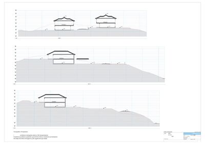 Snittegning som viser tverrsnitt gjennom bygningene i forhold til terrenget og nabobebyggelse.