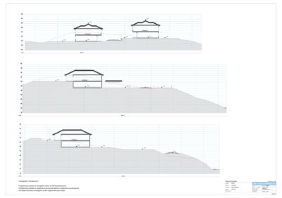 Snittegning som viser tverrsnitt gjennom bygningene i forhold til terrenget og nabobebyggelse.