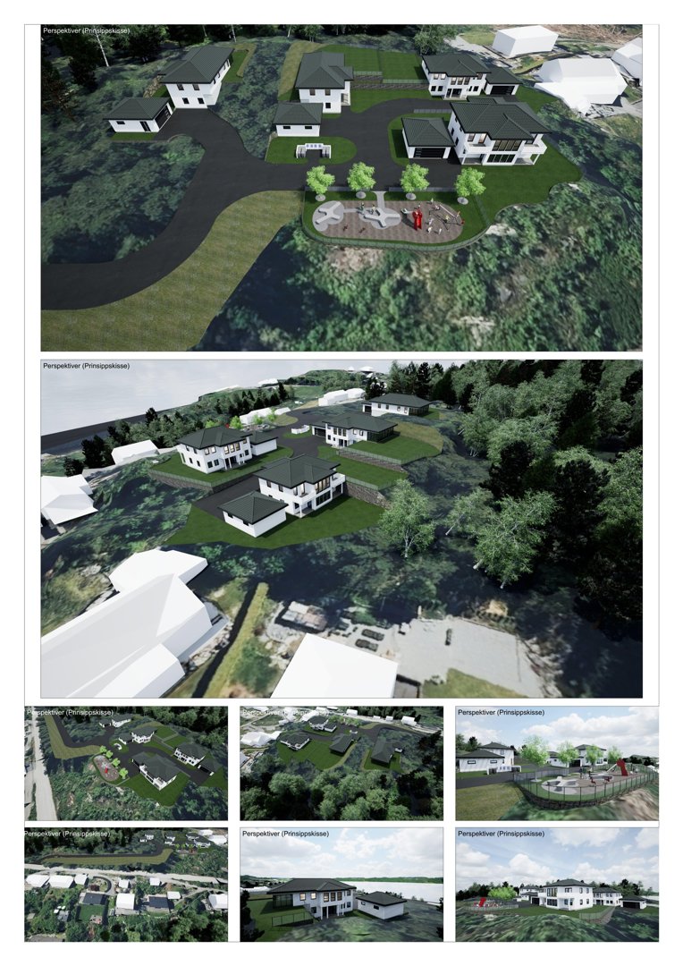 En samling av 3D-visualiseringer (renderinger) som viser ulike perspektiver på et boligprosjekt, inkludert etasjeplaner, fasader og situasjonsvisninger.