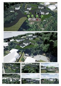 En samling av 3D-visualiseringer (renderinger) som viser ulike perspektiver på et boligprosjekt, inkludert etasjeplaner, fasader og situasjonsvisninger.