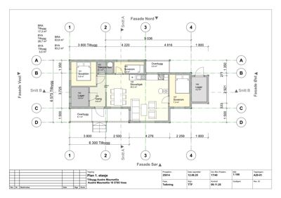 Etasjeplan (Plan 1. etasje) som viser romfordeling, dimensjoner og arealoppdelinger for en bolig.