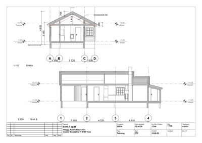 Snittegning (Snitt A og B) som viser tverrsnittet av en bygning med mål og detaljer.