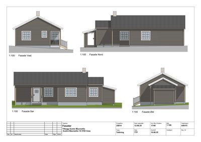 Fasadetegning som viser bygningens utseende fra fire sider (Vest, Nord, Sør, Øst) med mål 1:100.