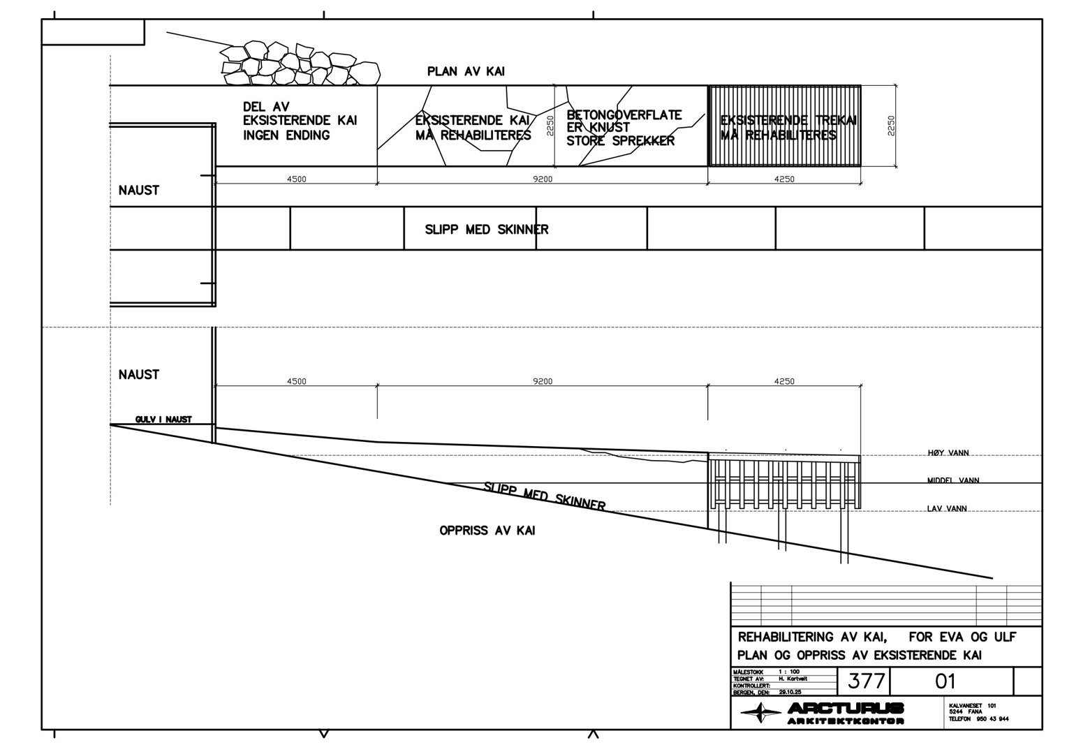 Fasadetegning som viser oppriss av KAI med detaljer om materialer (betong, murstein, stein) og dimensjoner.