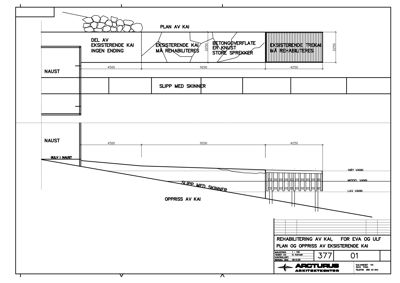 Fasadetegning som viser oppriss av KAI med detaljer om materialer (betong, murstein, stein) og dimensjoner.